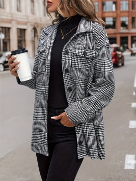 Houndstooth Flap Pockets Jacket, Casual Long Sleeve Single Breasted Jacket, Women's Clothing