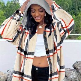 Women's Plaid Hooded Jacket - Casual Drawstring Fall Coat