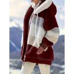 Women's Color Block Fuzzy Hooded Coat - Casual Long Sleeve Winter Warm Outerwear