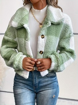 Plaid Pattern Button Front Teddy Coat - Women's Long Sleeve Winter Outwear
