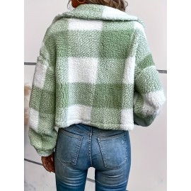 Plaid Pattern Button Front Teddy Coat - Women's Long Sleeve Winter Outwear