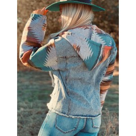 Women's Multicolor Aztec Print Frayed Hem Denim Jacket - Stylish Streetwear Outerwear with Loose Fit and Convenient Pockets
