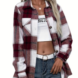 Plaid Button Front Jacket - Casual Lapel Long Sleeve Outwear for Women