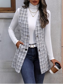 Plaid Print Sleeveless Vest, Elegant Button Front Vest With Pockets, Women's Clothing