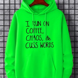 I Run On Coffee Print Hoodie for Men - Casual Graphic Design Pullover Sweatshirt with Kangaroo Pocket - Streetwear for Winter Fall