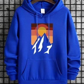 Mountain And Sunrise Print Hoodie, Comfy Clothing For Men, Men's Casual Hooded Pullover Streetwear Sweatshirt For Spring Fall Winter, As Gifts