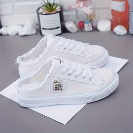 Women's Solid Color Casual Shoes, Lace Up Lightweight Soft Sole Walking Comfort Shoes, Half Drag Breathable Canvas Shoes