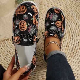 Women's Pumpkin & Cobweb Canvas Shoes, Casual Halloween Slip On Flat Loafers, Comfort Low Top Sneakers